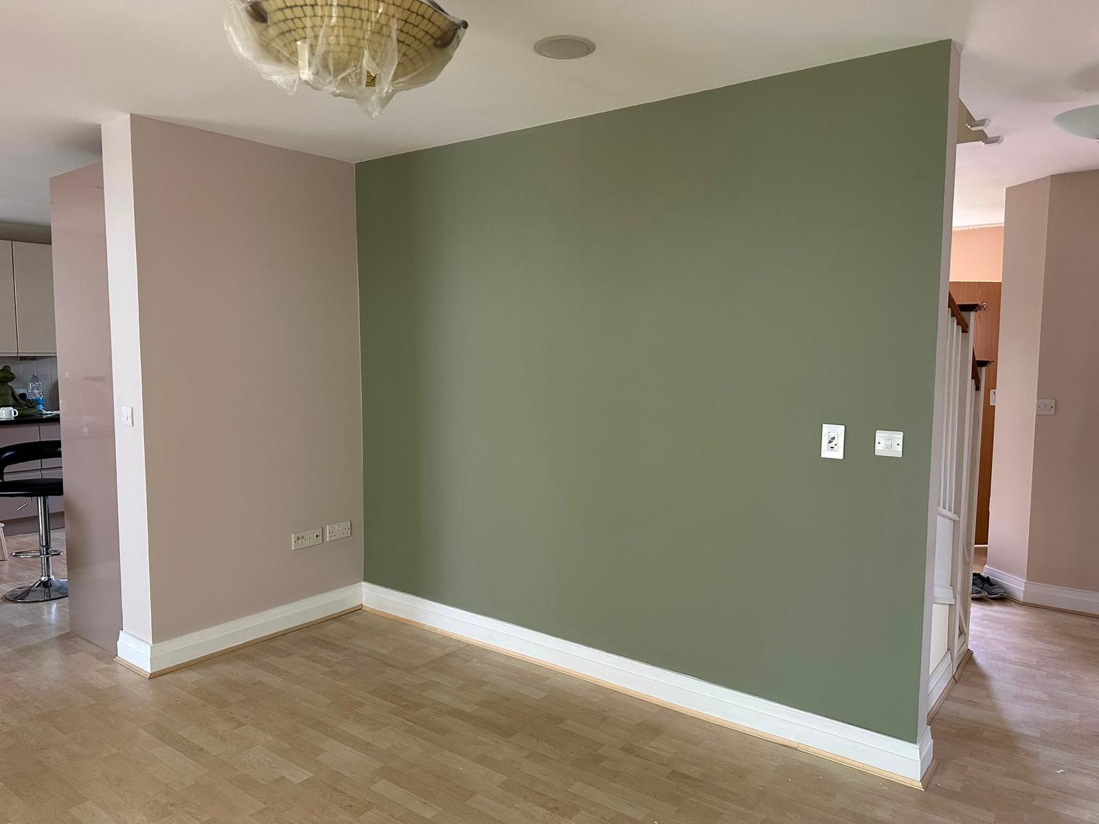 Living area with a sage green feature wall